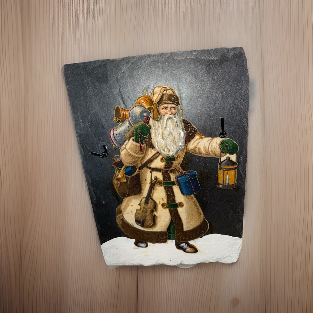 Slate Wall Hanging Olde‎ Father Christmas Primitive Style Fabric On Slate Vtg
